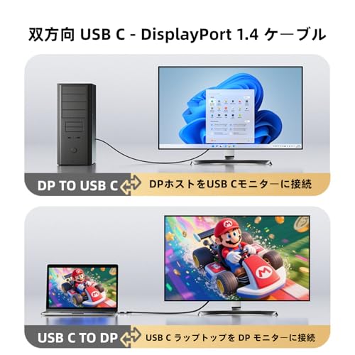 双方向 Type-C DisplayPort 1.4 変換ケーブル Displayport USB Cケーブル 8K@60Hz/4K@240Hz サポート Thunderbolt 4 Type-C ディスプレーポートケーブル 変換 Phone 17 16 iPad Mac-Book Mac Mini Surface Go XPS Chromebook Galaxy S24など対応-2M