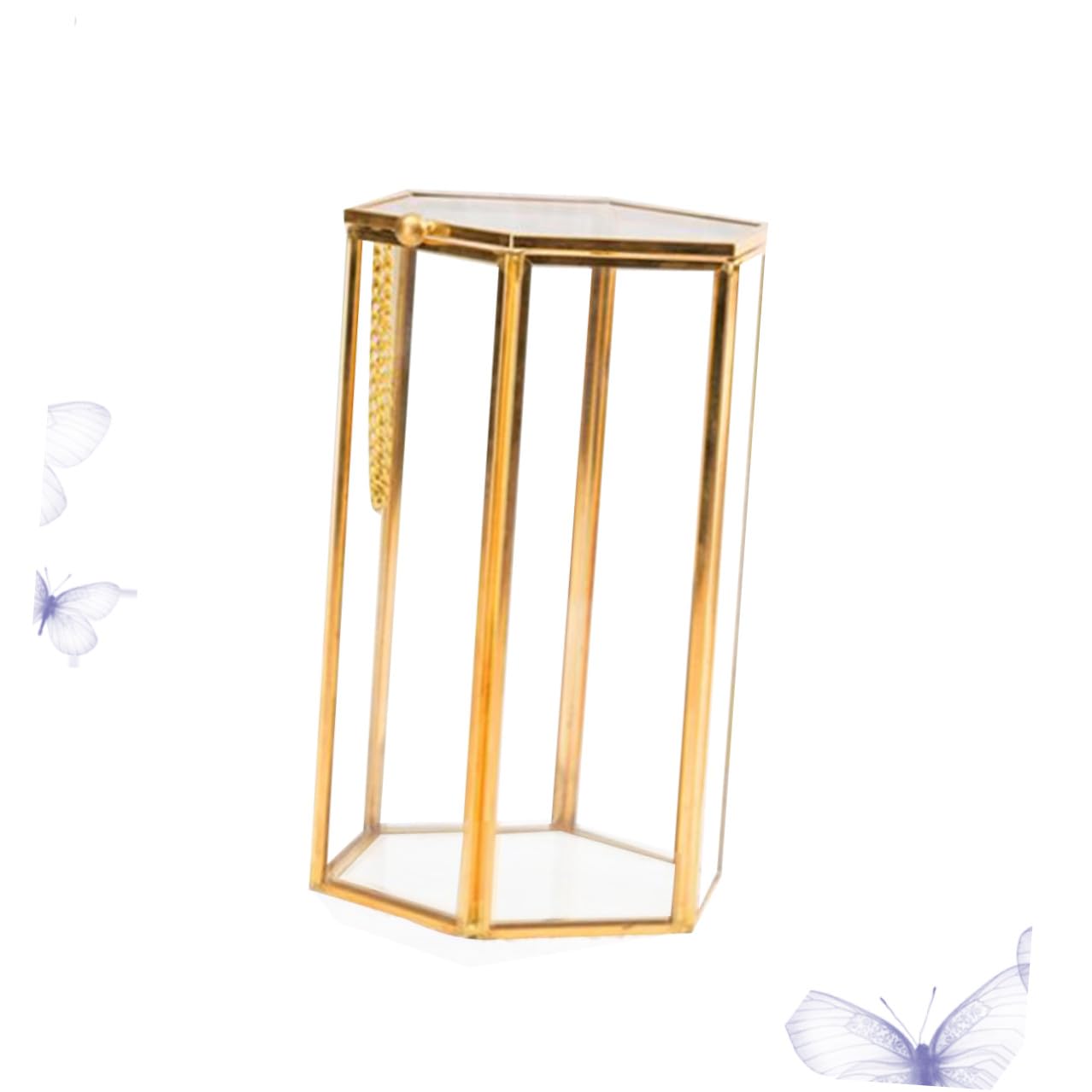 Organizador de maquillaje hexagonal retro con soporte para brochas de maquillaje con material de latón y vidrio, práctico recipiente para brochas para vestidor o mesa de tocador