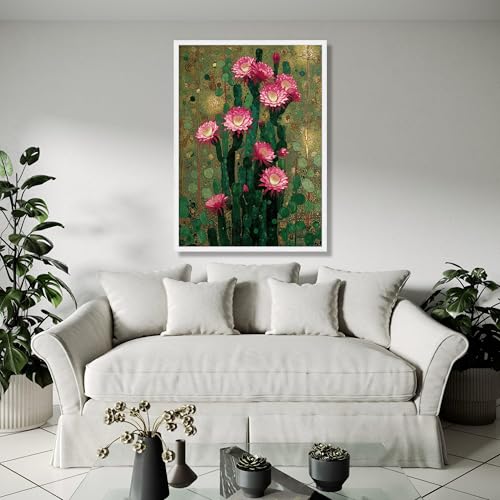 Impression botanique cactus vert fleurs roses décoration florale désert
