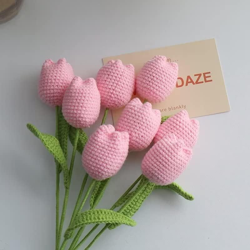 Emivery Crochet Flower Bouquet, 7pcs Knitted Artificial Tulip Flowers Bouquet Pink Handmade Crocheted Finished Fake Flower Tulip for Valentine's Mother's Teacher's Day Gift