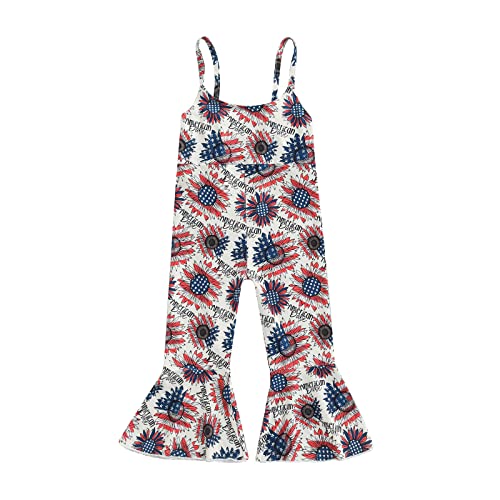JLKGICF Toddler Girl Bell Bottom Romper Baby American Flag One Piece Jumpsuit 4th of July Flare Pants Overalls Playsuit(D Sunflower, 6-12 Months)