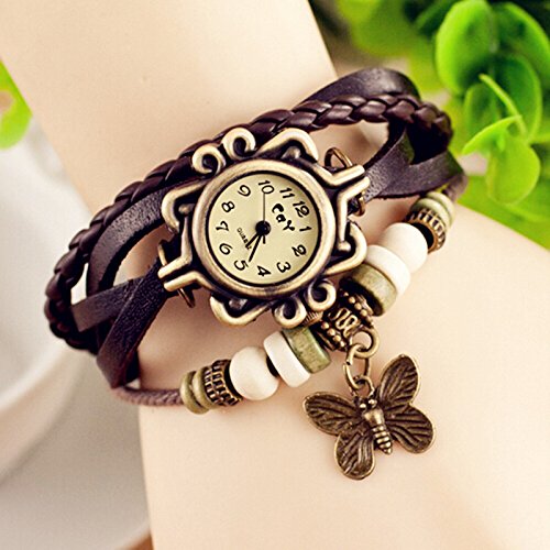JewelryWe Damen Armbanduhr, Retro geflochten Leder Armband Armreif Armkette Uhr mit Baum Blatt Anhänger für Frau Mädchen – Bild 3