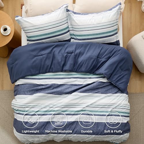 Image of Bedsure Twin /Twin XL Comforter Set - Twin Extra Long Comforter Set for Boys, Striped Dorm Bedding, 2 Pieces, 1 Soft Reversible Blue Comforter and 1 Pillow Sham