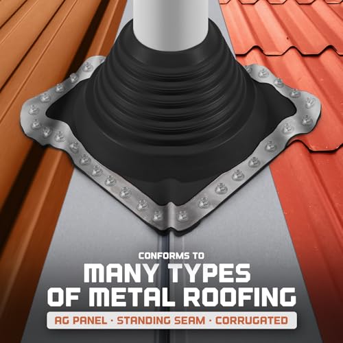 Image of Fasteners Plus #8 Square EPDM Metal Roof Pipe Flashing Boot with Complete Install Kit (Fits 6-3 /4 inch - 13-1 /2 inch Pipe OD), Black