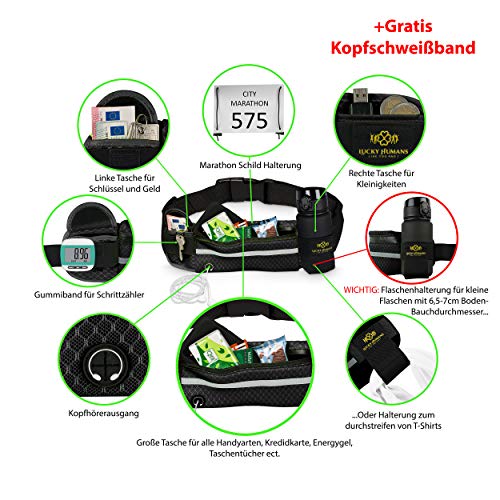 Lucky Humans Laufgürtel Sport, Joggen & Laufen mit Handy-Tasche schwarz - Damen & Herren Bauchtasche mit Flaschen & Handy-Halterung - Trinkgürtel Running & Walking Belt - Jogging & Lang-Lauf Zubehör