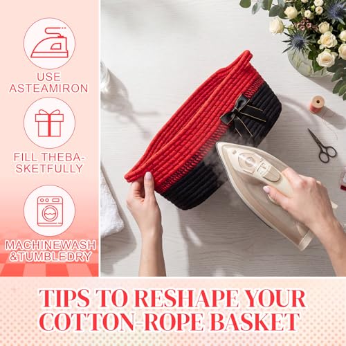 Image of Colingmill 1 Set Woven Basket for Gift Empty with Cellophane Wrap Set 14 x 10 x 5.5 Inch, Medium Decorative Gift Basket Empty to Fill, Cotton Rope Storage Box Decor (Red Black)