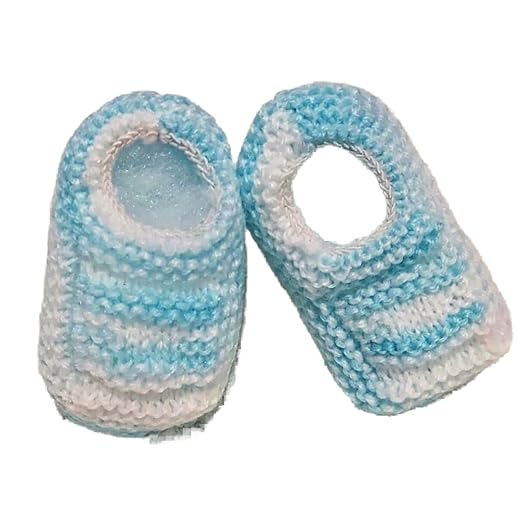 Sapatinho de Bebê de Tricô Azul e Branco - 0 a 3 meses 100% Lã Antialérgica