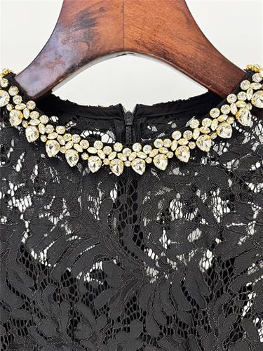 Women's 2025 Designer Lace Dress Beaded Diamond Long Sleeve Round Neck Slim Female Midi Elegant Dresses4