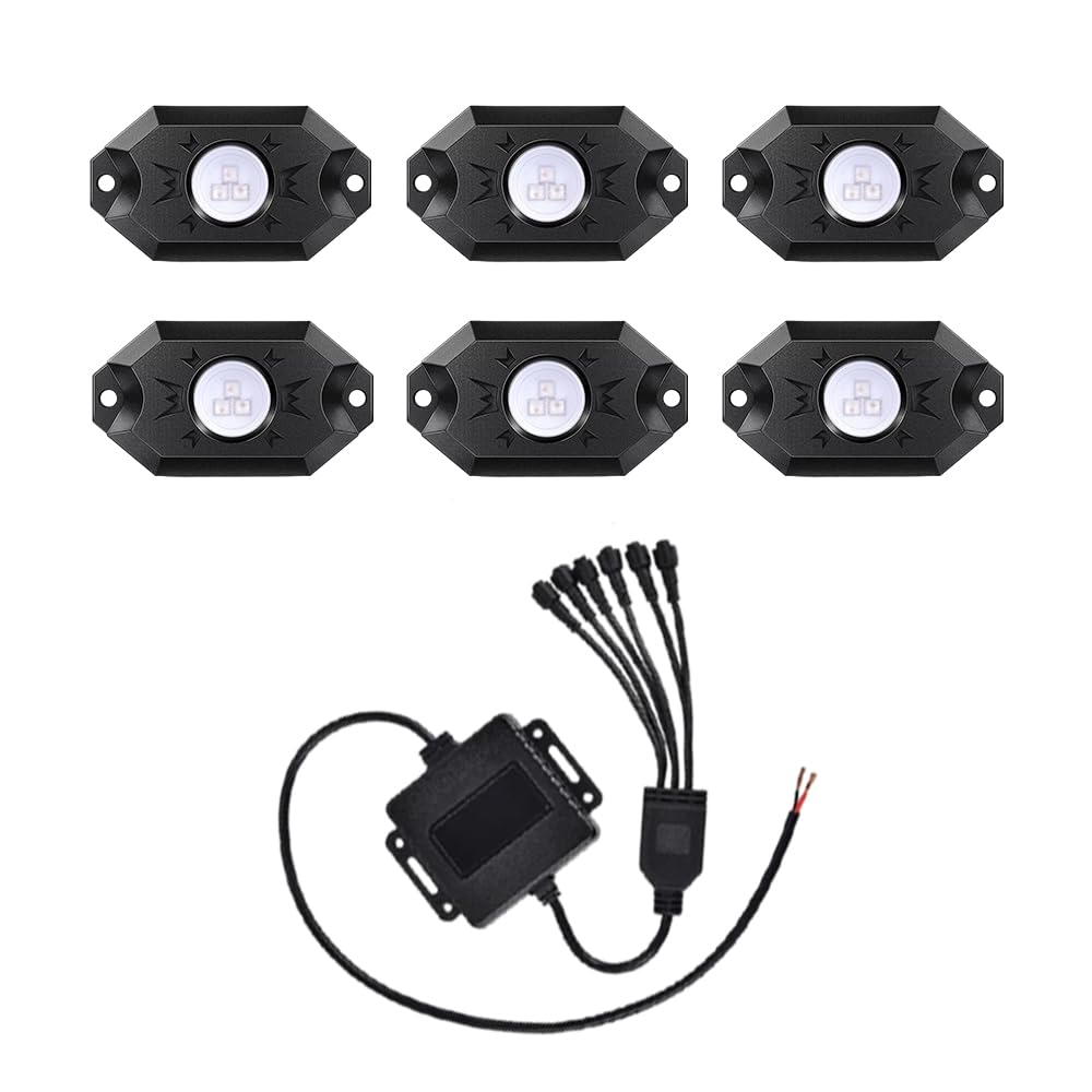 Riloer Luci LED RGB Rock, 6 pezzi, controllo tramite app Bluetooth, compatibili con auto, camion, ATV, SUV, 12 V DC, LED, cambia colore, impermeabile IP68