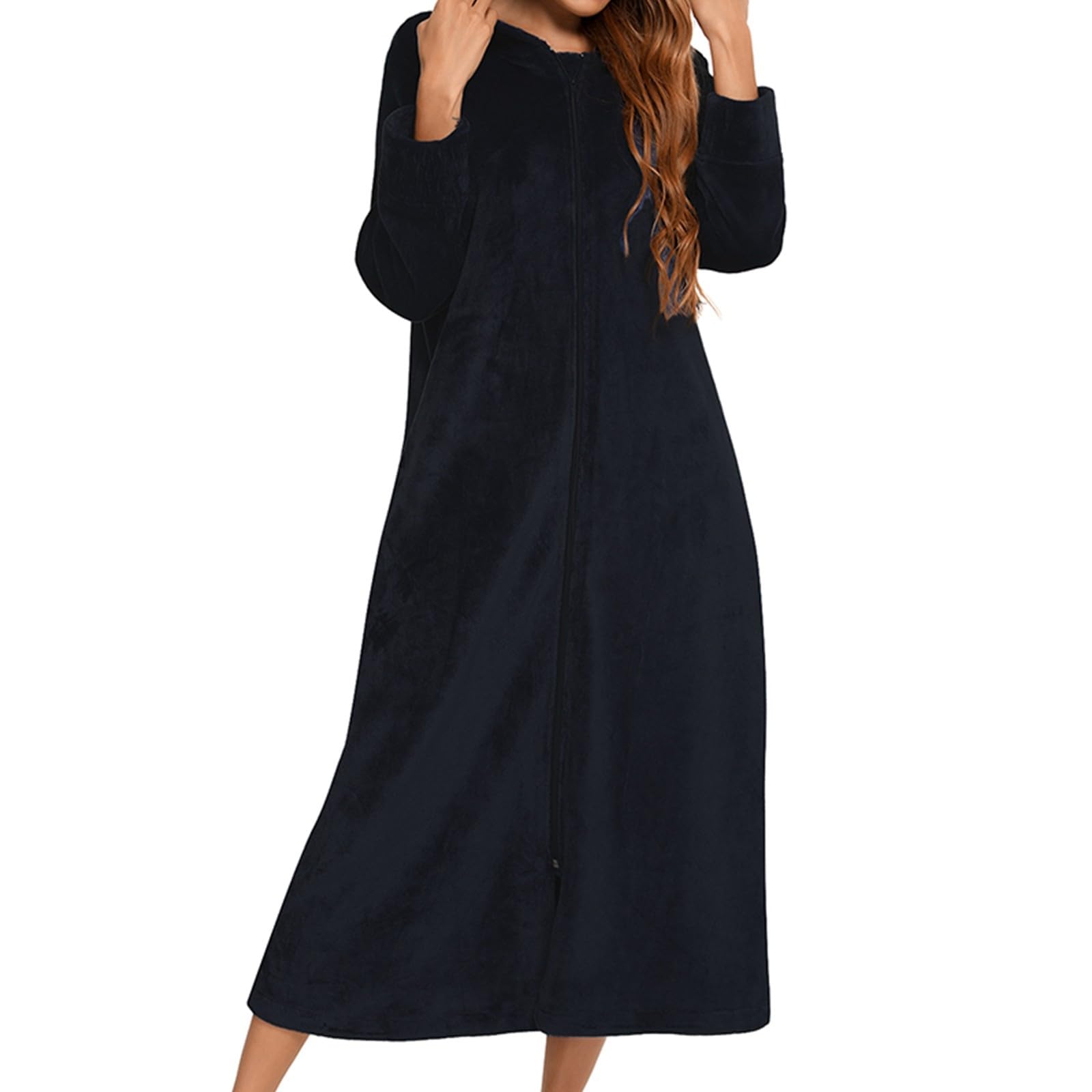 Robe De Chambre Capuche avec Zipper, Peignoir De Bain Femme Polaire Unie, Chemise De Nuit Grande Taille à Manches Longues, Chaud Et Confortable VêTements De Nuit Femme Automne Hiver