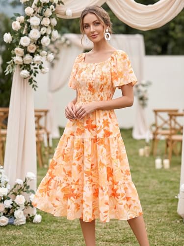 Image of Bbonlinedress Womens Casual Floral Summer Smocked Beach Party Boho Midi Square Neck Dress
