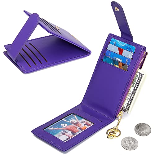 Image of Badiya Slim Women Wallet RFID Blocking Bifold Compact 9 Card Slots Holder Wallets Soft Leather with Zipper Coin Pocket 2 ID Window