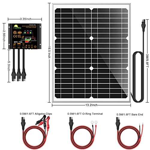 Suner Power 20 Watts Mono Crystalline 12V Solar Panel Kits - Waterproof 20W Solar Panel + Upgraded 10A Solar Charge Controller + 3-Pcs Sae Cable Adapters For Car Rv Marine Boat Trailer Off Grid System #TOP5
