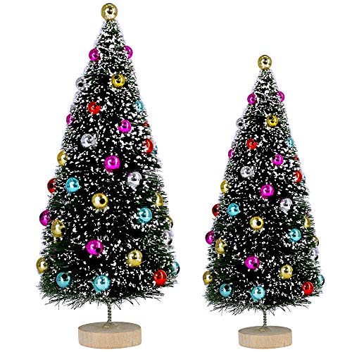 2 Pcs Flocked Tabletop Trees Small Artificial Frosted Bottle Brush Trees Tiny Fake Sisal Tree Miniature Faux Decorated Christmas Tree with White Snow and Colored Beads Mini Green Tree Decorations Chri