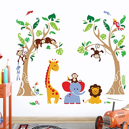 decalmile Pegatinas de Pared Árbol Animales de la Jungla Vinilos Decorativos Infantiles Mono Jirafa Elefante Adhesivos Pared Habitación Bebés Niños Guardería Dormitorio Salón