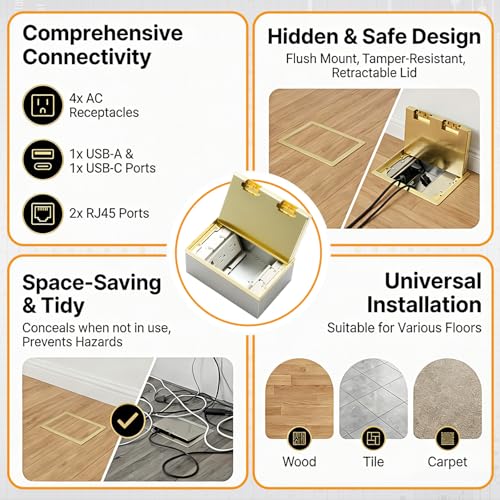 Image of Brass Recessed Floor Outlet Box, UL Listed Low Profile Waterproof Flip-up Floor Outlet with 4 AC Outlets, USB-a & USB-c Charging Ports, Dual Rj45 Ethernet Ports for Office Conference Room