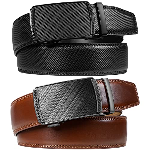 Image of Founders & C Mens Belt 2 Pack,Leather Ratchet Click Belt Dress with Slide Buckle 1 3 /8 inch in Gift Set Box- Size Adjustable