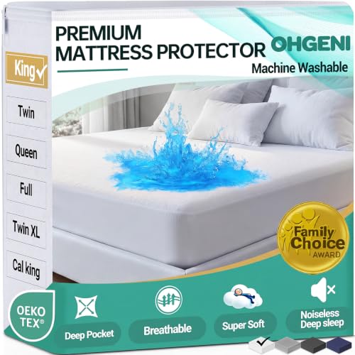 OhGeni Waterproof Mattress Protector King Size Mattress Pad Fitted with Deep Pocket 6-18 Breathable Noiseless & Soft Washable Dirt-Proof Mattress Cover for Home Hotel White Daybed Cover