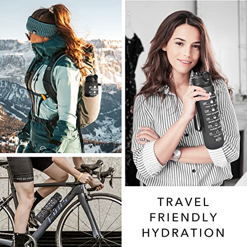 Image of HYETA 32 oz Water Bottles with Times to Drink and Straw, Motivational Water Bottle with Time Marker, Leakproof & BPA Free, Drinking Sports Water Bottle for Fitness, Gym & Outdoor, Black Matte | Motivational Tritan BPA Free Gym Office Outdoor Intake Tracker Hourly Reminder Straw Lid Carry Strap