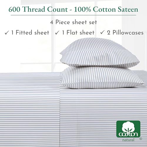 California Design Den Printed Striped Cal King Sheet Set - Luxury 600 Thread Count, 100% Cotton Sateen, Hotel Quality Deep Pocket California King Sheets - Classic Blue Stripe Print