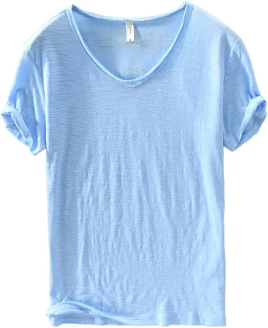 Camiseta Hombre Cuello Ancho Manga Corta Clásica Color Sólido Suelto