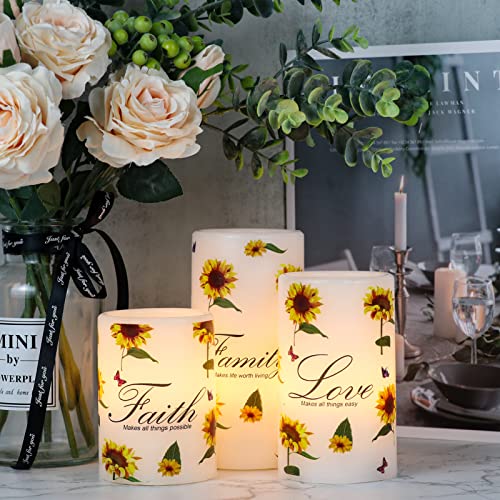 Image of Sunflower Flameless Flickering Candles with 6H Timer, Set of 3 Battery Operated White Real Wax LED Pillar Candles Party Dinner Wedding Spring Decor(3 x 4,5,6 Inches)