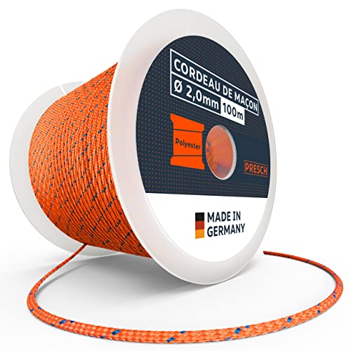 Presch Cordeau de maçon 100m | ⌀2,0mm | Polyester | Cordeau d'alignement résistant à la déchirure et aux intempéries avec Bobine | Cordeau de Construction résistant aux Noeuds