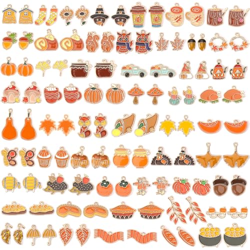 SANNIX 110Pcs/55 Pairs Fall Charms Thanksgiving Charms for Jewelry Making Bulk Autumn Thanksgiving Pumpkin Maple Leaf Turkey Enamel Charm Pendants for DIY Bracelet Necklaces Earrings Craft