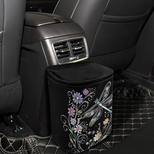 Image of Talayituse Dragonfly Flower Print Car Trash Can with Lid, Leak Proof Auto Trash Bag Hanging Vehicle Garbage Can Multipurpose Storage Container for Back Seat Road Trip