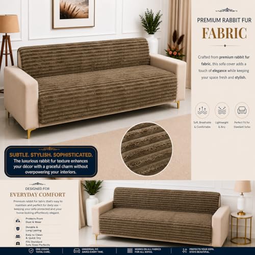 Image of Homerz Premium Rabbit Fur Sofa Cover with Anti-Skid Backing, Soft Plush Fabric Sofa Protector for Living Room Furniture (Coffee, 5 (3+1+1) Seater, Seat Cover with Backrest)
