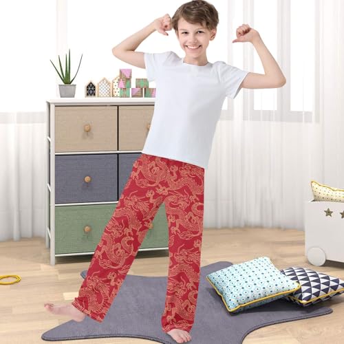 Boy's Pants Gold Chinese Dragon Red Jogger Pants Elastic Waist Long Bottoms Trousers with Pockets 6-14 Years4