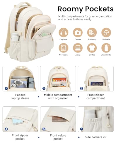 Cute Backpacks for Girls, Teens Aesthetic High School Laptop Backpack College Student Women Bookbag, Mochilas Escolares para Niñas, Beige2