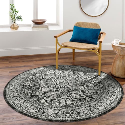 vivorug Round Rug 5ft Vintage-Inspired Round Area Rug Non-Slip Indoor Carpet for Living Room Bedroom Entryway, Stain Resistant Home Decor Circle Rug, Black and White