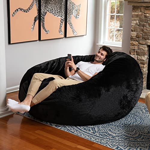Image of Jaxx 6 Foot Cocoon - 2-in-1 Convertible Bean Bag Bed & Large Bean Bag Chair for Adults - Premium Faux Fur, Black Rabbit