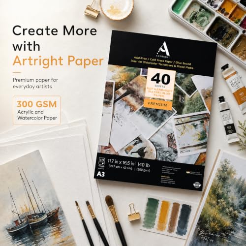 Image of ArtRight Artists' Acrylic Paper (A3 Pack of 40 Sheets, 300 GSM); 300 GSM Handmade Sheets for Gouache & Mixed Media Paintings