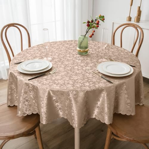 Image of Smiry Round Table Cloth, Waterproof Heavy Duty Vinyl Tablecloths, Wipeable Washable Table Cover for Kitchen and Dining Room (Khaki, 60 inch Round)