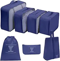 Kit Organizador de Malas para Viagem 7 Peças Conjunto Organizador Completo Bolsas Necessaire Sapatos Maquiagem Roupas Bagagem Organizada (Azul Marinho)