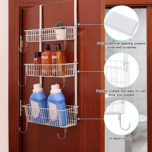 LUCYCAZ Over The Door Storage Organiser, 3 Tier Metal Hanging Shelf Rack with 6 S-Hooks Back of Door Storage Organiser Pantry Baskets for Kitchen Bathroom (3 Basket-White)