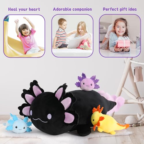 Image of MaoGoLan 4Pcs Giant Axolotl Plush with 3 Babies Inside-23.5 inch Large Ultra Soft Axolotl Stuffed Animals Throw Pillow-Squishy Stuffed Axolotl Plush Collection Gift for Axolotl Lover,Kids,Teens,Black