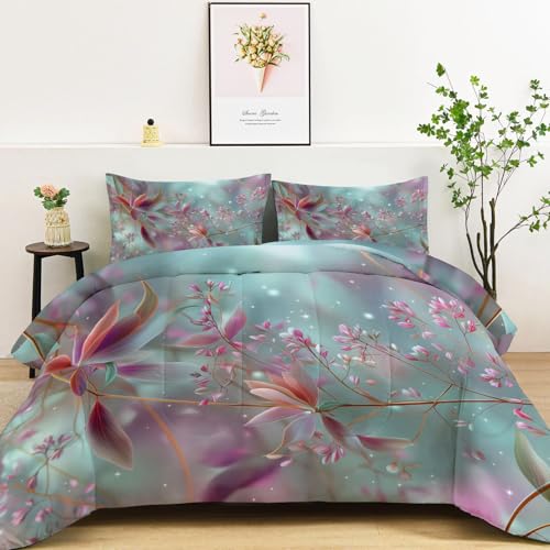 Srigzcaly Bettdecke Ohne Bezug 135x200 cm 4 Jahreszeiten Steppdecke Rosa mit Traumhaftem Sternenhimmel Pflanzen Blätter Design - Waschbar Warme und Weiche Ganzjahresdecke mit 2 Kissenbezug 80x80 cm