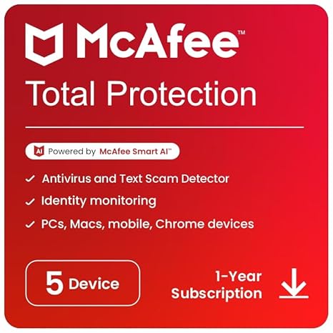 McAfee Total Protection 2024 | 5 Device, 1 Year | Antivirus Internet Security Software | Password Manager & Dark Web Monitoring Included |…