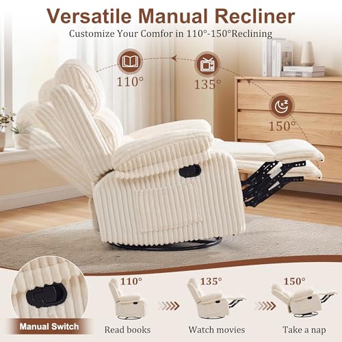 Image of Korser Rocking Recliner Chair, Nursery Rocker Chair for Adults, Small Recliners for Small Spaces, Swivel Rocker Recliner with Cushion, Upholstered Rocking Chairs for Living Room, RV, Corduroy
