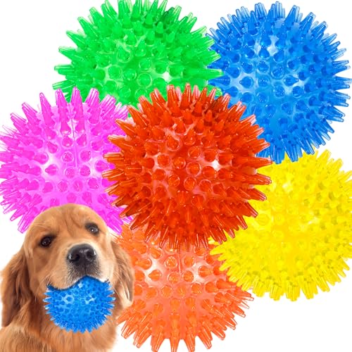 LECHONG 6-Pack 3.5 Squeaky Dog Balls Durable Soft Spiky Chew Rubber Fetch Toy Balls for Large Medium Aggressive Chewers Teeth Cleaning Chewing Playing Training & Boredom Buster Indoors Outdoors