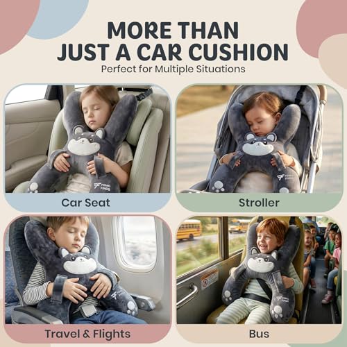 Image of Kids Car Sleeping Pillow, H-Shaped for Neck & Back Support, Grey Dog | Hands & Seat Belt Slot, Machine Washable & Compressible, Perfect for Car, Plane, Train, Boat & More