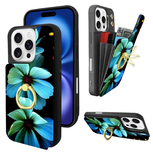 Étui portefeuille iPhone 16 Pro bleu en cuir avec porte-cartes et béquille rotative