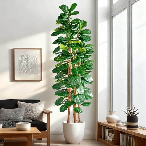 Image of Artificial Fiddle Leaf Fig Tree 7FT, Faux Fig Tree Indoor with Natural Wood Trunk & Realistic Leaves with Moss Pot Fake Ficus Tree Large Faux Floor Plant for Living Room Home Decor, House Plant