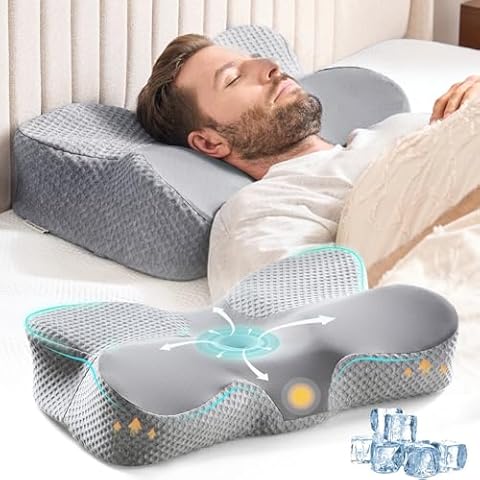 TINA'S HOME Cervical Neck Pillow for Neck Pain Relief Orthopedic Contour Memory Foam Pillows for Bed with Cooling Pillow Covers,Grey Cover