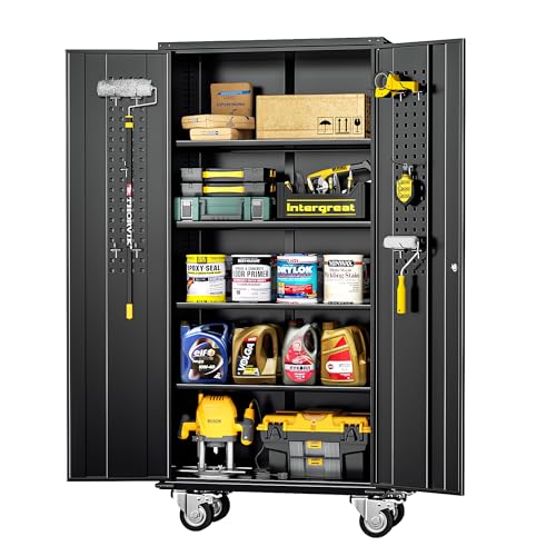 Image of INTERGREAT Rolling Metal Cabinet with Wheels, 72 inch H Rolling Metal Cabinets with Pegboard, 18 inch D x 36 inch W Large Capacity Pulley Cabinet with Adjustable Shelves for Home Office, School, Garage(Black)