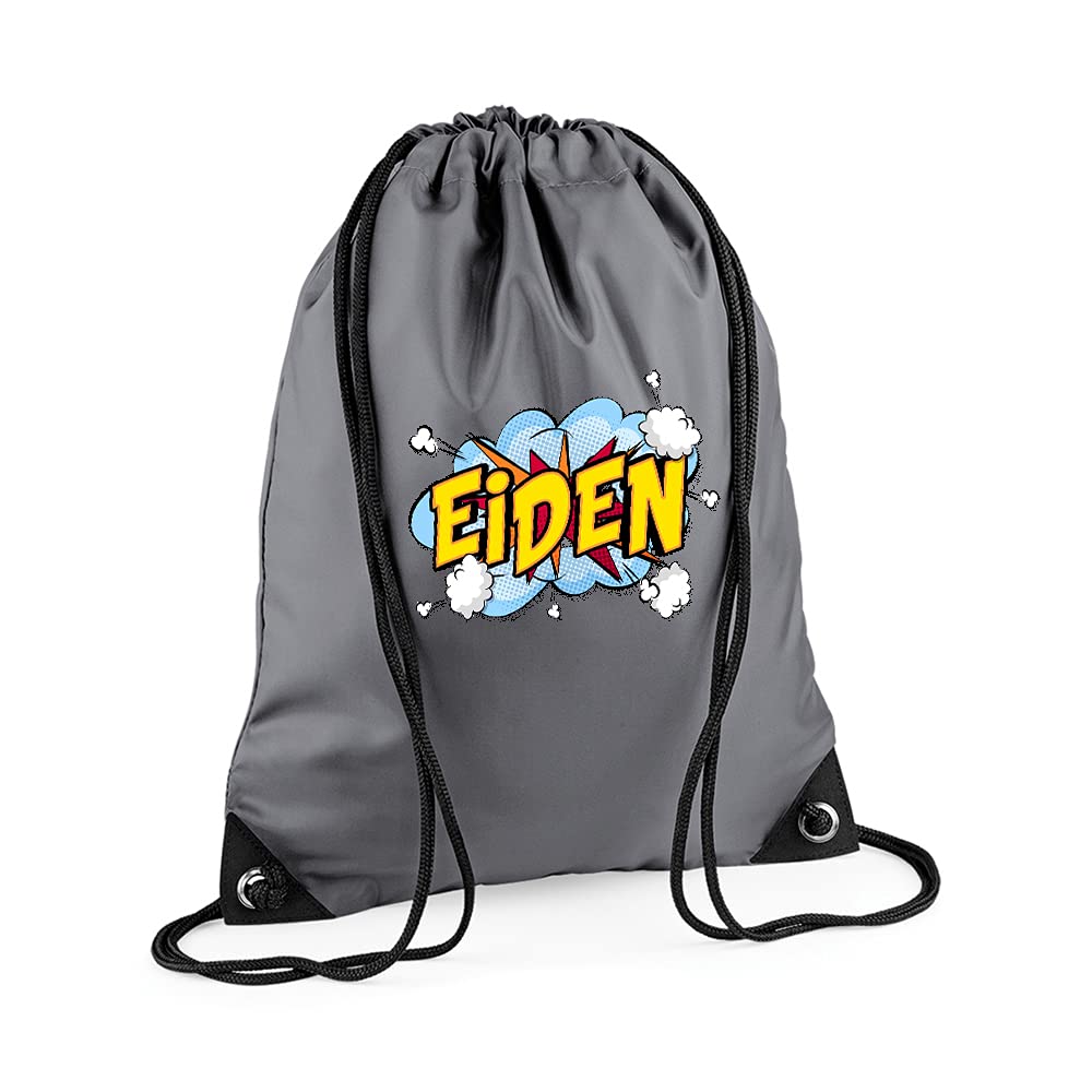 Personalised with Any Name Comic Pop Art Themed Gift for Children, Kids, Girls/Boys, Back to School, Premium Drawstring Bag, PE Gym Kit School, Swimming, PE Kids Sport Rucksack. (Graphite Grey)
