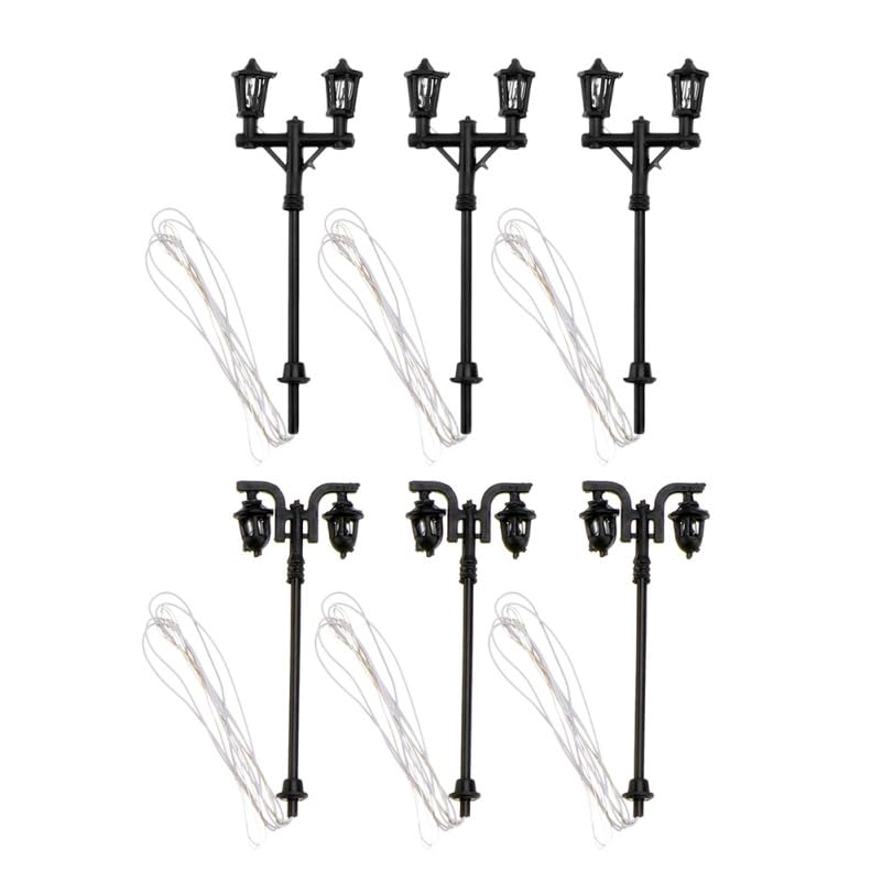 Besportble Mini Street Light Model 6Pcs Black Plastic Miniature Street Lights Double Head up and Down Lamp Post Decor for Dollhouse Mini House Lamp Post Decor Model Railway and Micro Landscape
